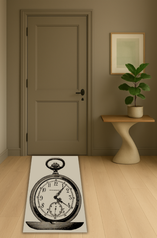 Decorative clock on a wooden floor with a door and plant in the background