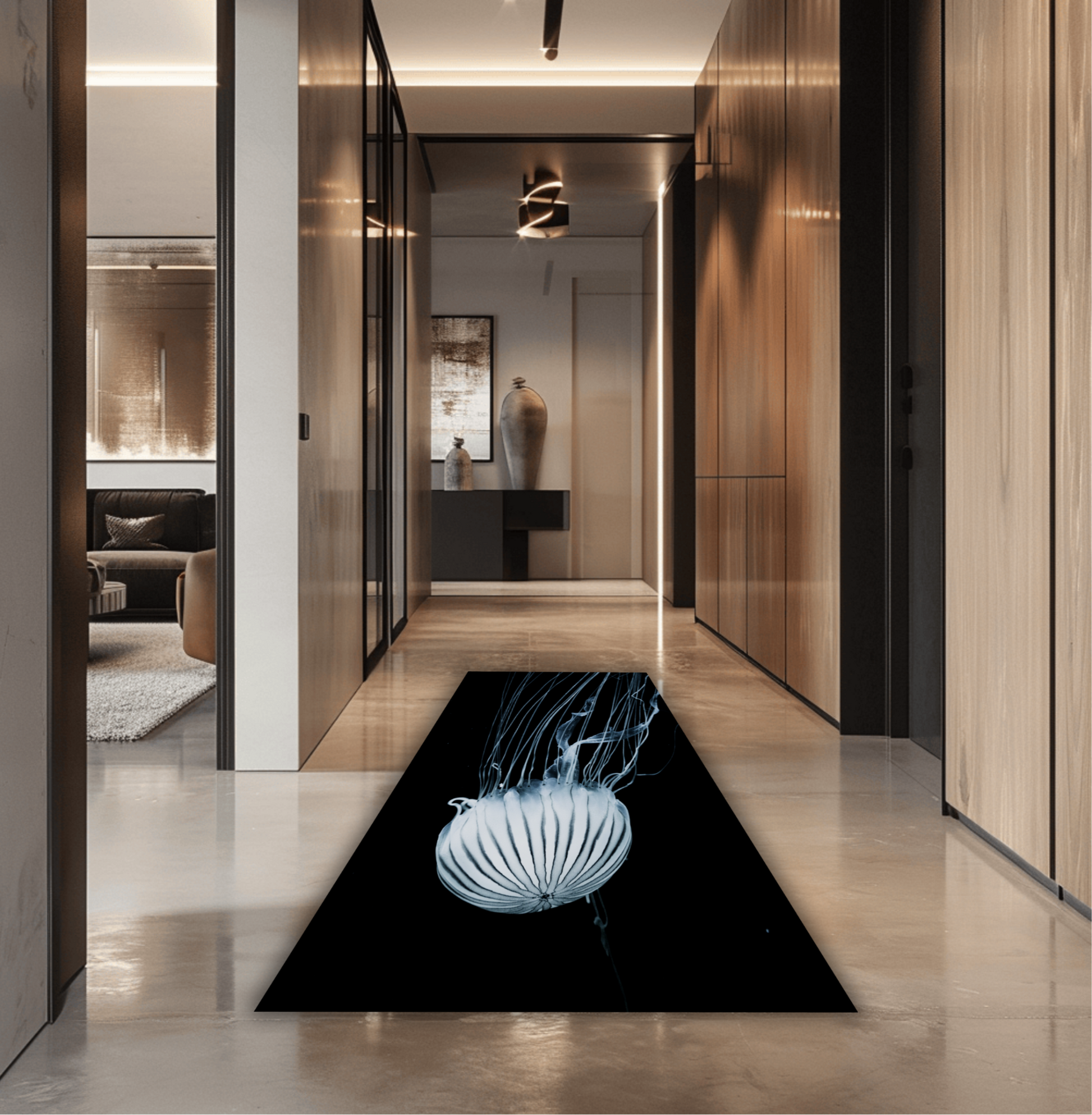 Modern interior hallway with a black rug featuring a white abstract design.