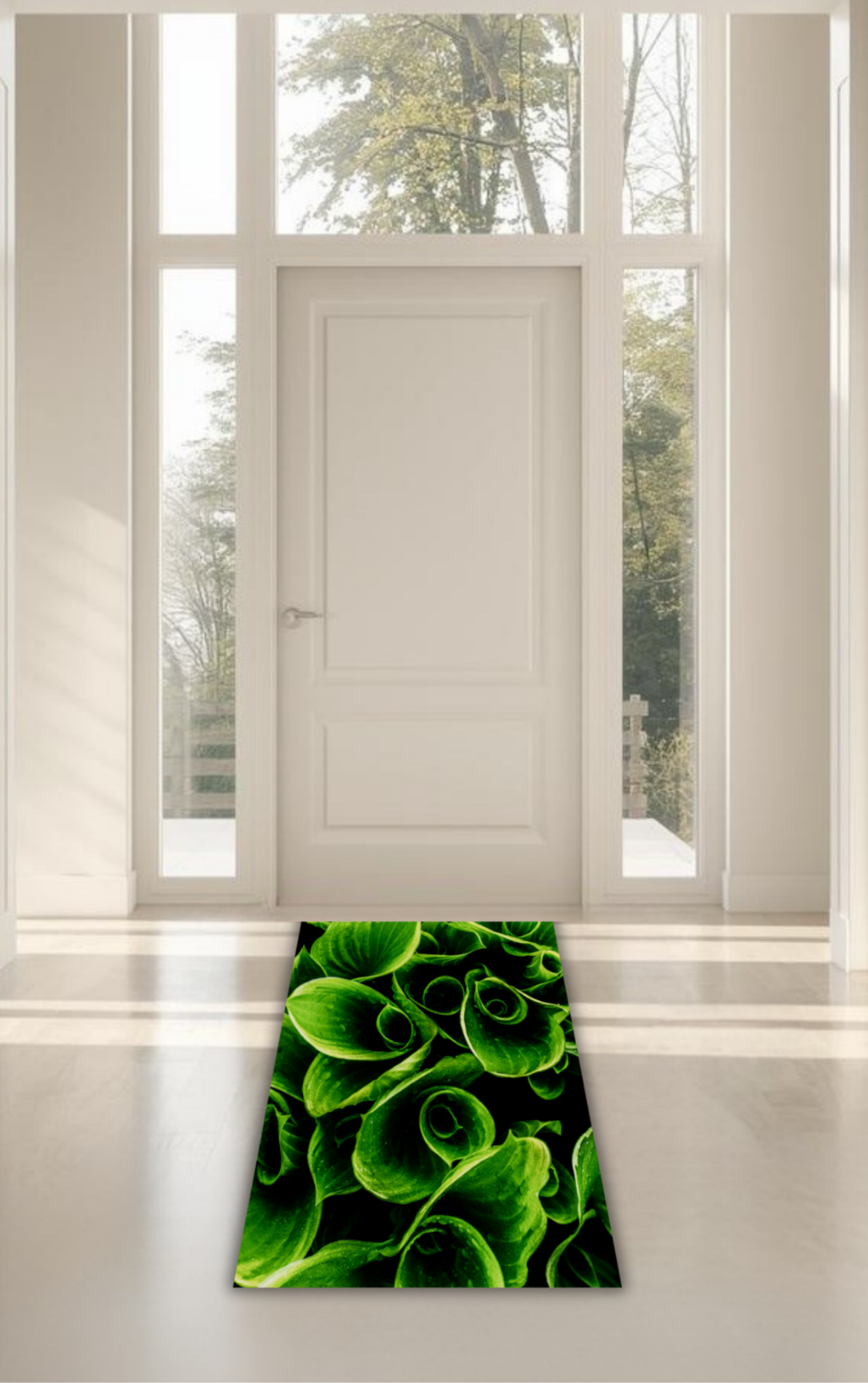 Green leaf-patterned rug on a white floor with a white door and window in the background